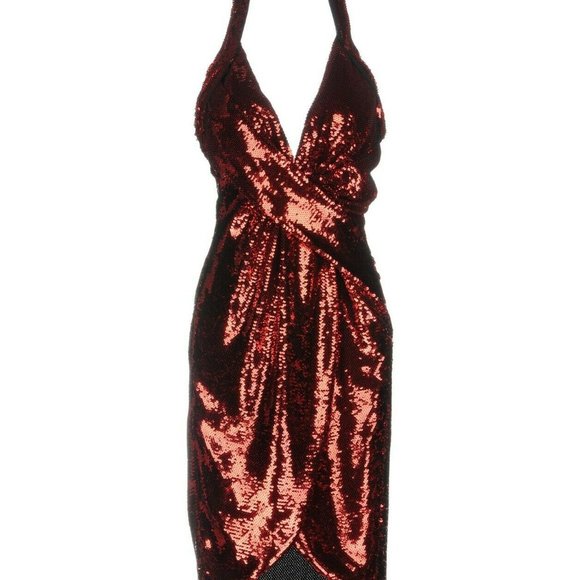 SOLD! AW15 Red Wrpeffect Sequined Crepe Halterneck Dress - Picture 9 of 11